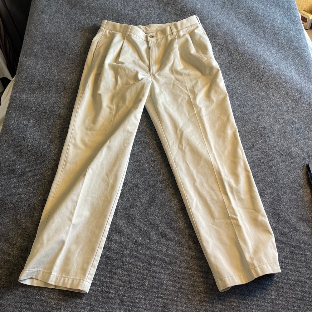 Van Heusen Mens Khaki Pleated Chino Pants 100% Cotton Twill Beige 36x32
